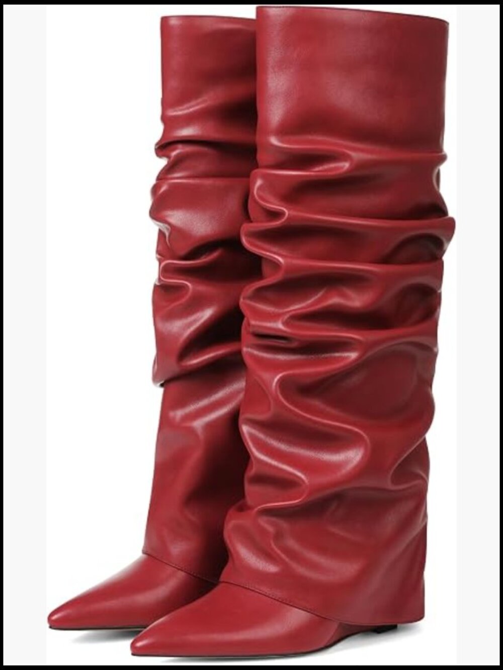 Wedge Heel Knee High Boots Pointed Toe Slouchy Fold Over Wide Calf Slip On - Picture 1 of 7